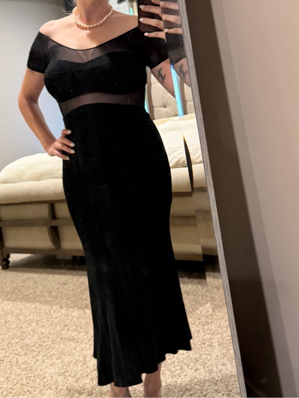 Vintage 90s Off-Shoulder Black Fishtail Mermaid Midi Dress W/ Sheer Mesh Panels